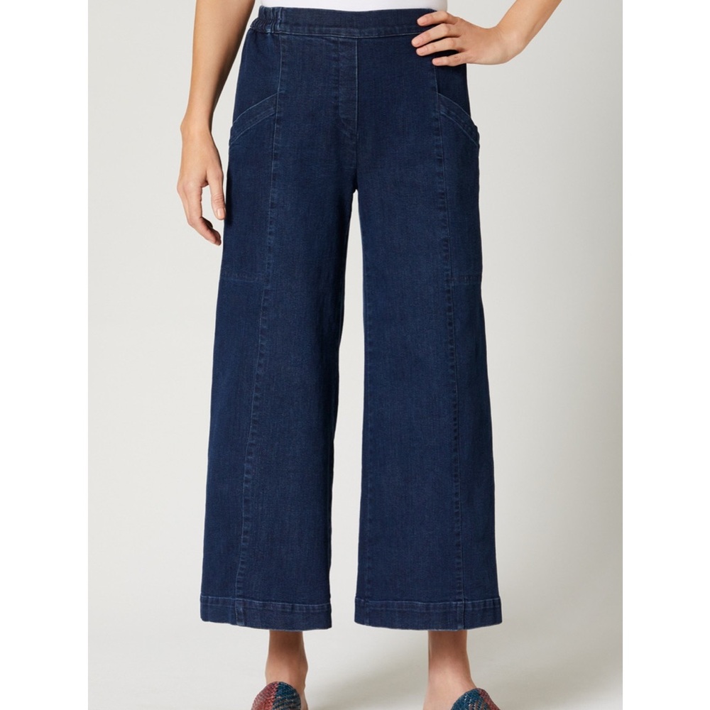 Lisa Bayne XS Cropped Denim Flare Pants Elastic Waist